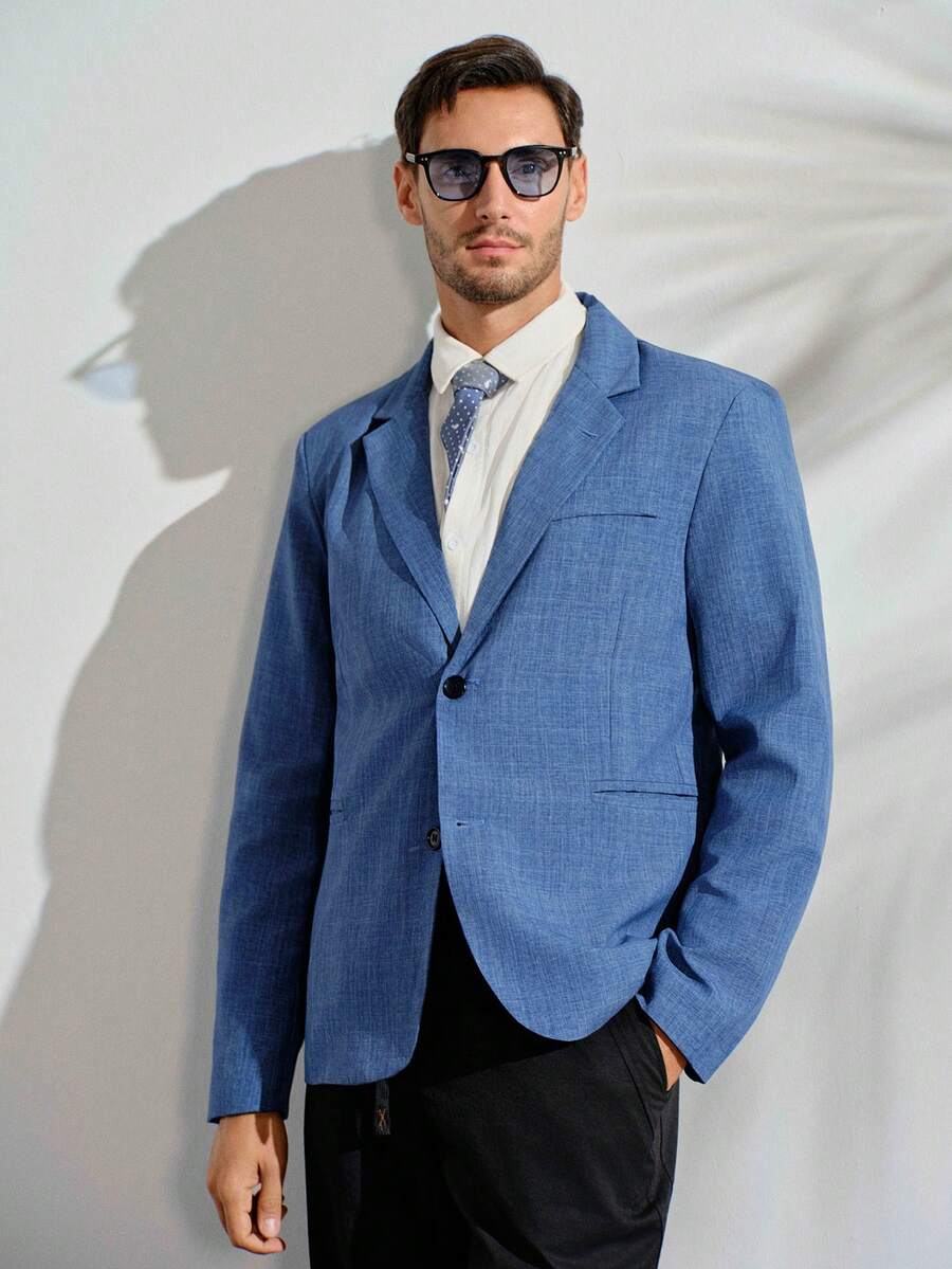 VeloEdit 男士太空染口袋單排扣藍色西裝外套休閒修身顯高級,正式、儀式感秋冬款 - 藍色 - 查看 1