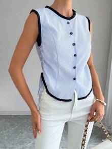 SHEIN LUNE Women Striped Single-Breasted Side Drawstring Round Neck Sleeveless Casual Top - Baby Blue - View 3