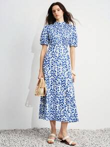 Aveloria Modichic Delicate Pleated Craftsmanship Random Spring/Summer Botanical Print Stand Collar Puff Sleeve Belt Waist A-Line Mid-Length Dress White And Blue - Blue - View 4