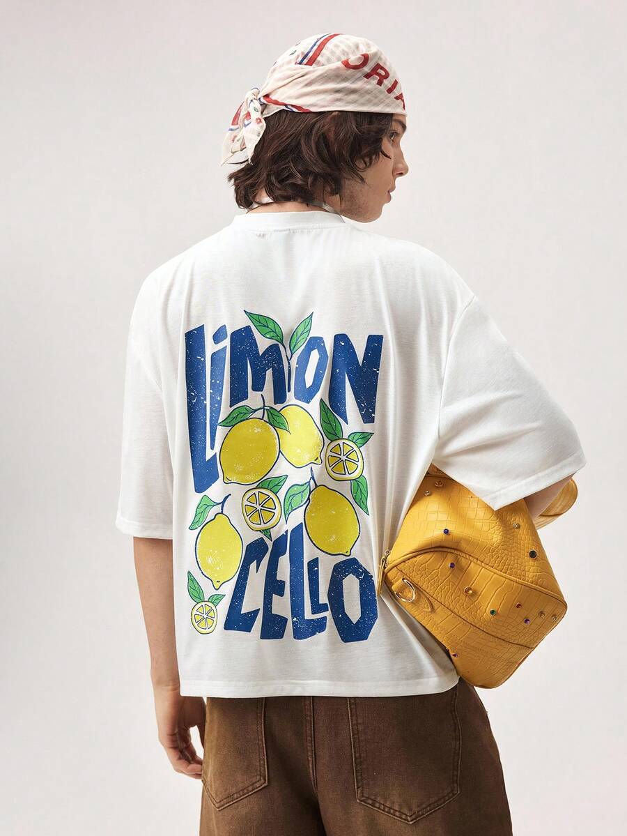 Vaulklash Standard Size Men's Casual Lemon Print White Cropped T-Shirt, Men's Short Top, Suitable For Summer - White - View 1