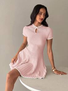 Aloruh 女款秋冬優雅通勤極簡風卡其色對比飾邊針織短袖傘裙 - 粉色 - 查看 4