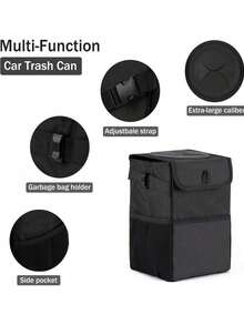 1 Portable Foldable Car Garbage Bag With Lid-Hanging Trash Can With Storage Bag-Car Trash Can And Storage Box, Waterproof Mini Car Trash Can, With Lid And Storage Bag, Car Garbage Bag Hanging Accessories - Black - View 6