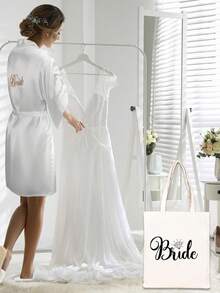 4-Piece Bridal Gift Set: Bridal Morning Robe, Bridal Slippers, And Bridal Canvas Handbag. The Satin Morning Gown Is Suitable For Wearing On The Wedding Day, While The Bridal Slippers Come With A Shoulder Back Makeup Bag - Multicolor - View 2
