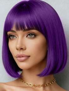 9.8 Inch Short, Synthetic Wig With Purple Bangs, Party Wig, Perfect For Halloween, Role-Playing, And Holiday Gatherings, Special Occasions - Dark Purple - View 3