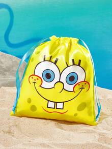SpongeBob SquarePants | SHEIN 海洋卡通緞面抽繩收納袋，單件或組合販售，柔軟光滑布料，防塵抽繩設計，適合旅行衣物與盥洗用品收納 - 黃藍色 - 查看 3