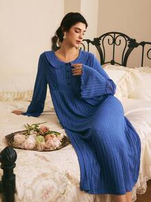 Côtesoire French Elegant Romantic Peter Pan Collar Button Decor Flared Sleeve Lace Patchwork Ribbed Long Solid Color Women's Nightgown - Navy Blue - View 5
