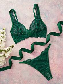 Elorette 2pcs Dark Green Lace Patchwork Triangle Cup Romantic French Style Lingerie Set - Dark Green - View 2