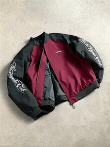 Manfinity Hypemode Men's Letter Print Contrast Color Zipper Jacket - Burgundy - View 1