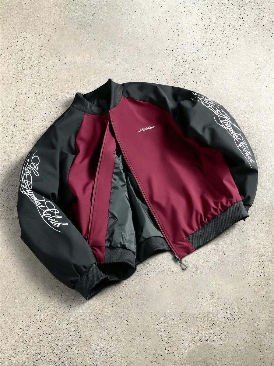 Manfinity Hypemode Men's Letter Print Contrast Color Zipper Jacket - Burgundy - View 1