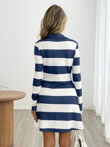 Easowa Vestido Curto Casual Feminino com Blocos de Cor e Listras, Outono - Azul e Branco - Visão 5
