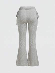 ROMWE Versatile Black Drawstring Flare Leg Pants For Women - Light Grey - View 2
