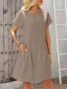 EMERY ROSE Women's Solid Color Pocket Casual Everyday Summer Dress City Break Office Everyday Travel Brunch Work All Khaki - Brown - View 7