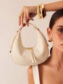 Glamine Women's Textured Leather Dumpling Bag, Crescent-Shaped Underarm Bag, Large Capacity Commuter Shoulder Bag, Handbag - Beige - View 1