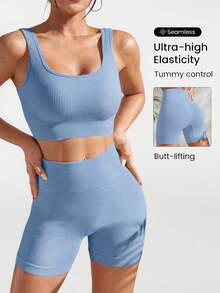 Solea Cove Set Olahraga Rib-Knit Plain - Baby Blue - View 4