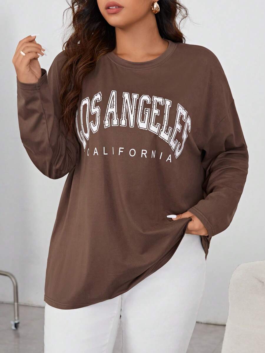 SHEIN Essnce Plus Letter Graphic Drop Shoulder Tee Fall - Coffee Brown - View 1