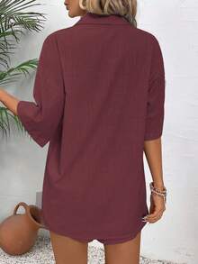 EMERY ROSE 2pcs/Set Women Loose Casual Solid Drop Shoulder Button Up Shirt And Shorts Set - Burgundy - View 2