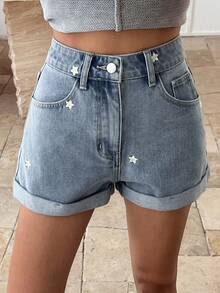 DAZY Floral Print & Embroidery Casual Vacation Denim Shorts For Women, Spring & Summer - Blue - View 6