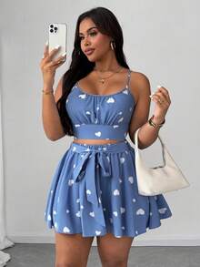 SHEIN Unity Plus Size Women's Heart Print Camisole & Self-Tie Waist Swing Midi Skirt 2 Pieces Set, Elegant Design For Beach, Party, Festival, Spring/Summer - Blue and White - View 4