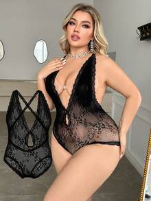 SHEIN 1 pieza Body sexy de talla grande para mujer con diseño calado, transparente, patchwork, espalda descubierta y cruzada, lencería sexy para mujer, luna de miel, citas nocturnas, lencería sexy de encaje - Negro - Ver 3