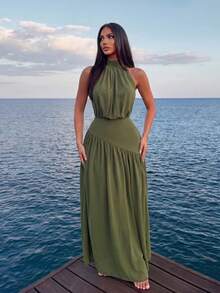 Sirith Fashion Women's Olive Green Knit Patchwork Chiffon Sheer Dress Wedding Garden Party Vacation Summer European Tropical - Green - View 7