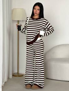 SHEIN PETITE 時尚棕色條紋毛衣兩件套，適合嬌小女性，休閒商務職場穿搭 - 棕色 - 查看 4