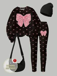Girls' Fashion Creative Polka Dot Pink Bow Design Print Basic Crew Neck Sweatshirt & Pink Bow Design Leggings Set - Multicolor - View 3