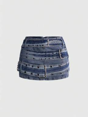 Grunge Punk Y2K Retro Punk Heavy Metal Rivet Eyelet Belt Decor Women's Denim Mini Skirt