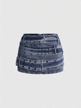 Grunge Punk Minifalda vaquera para mujer con decoración de cinturón de remaches y ojales, estilo Y2K retro punk heavy metal