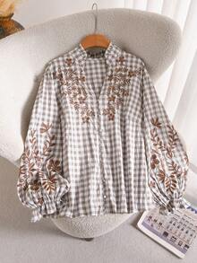 CosyJoli Plus Size Women's Plaid Floral Print Casual Versatile Daily Wear Shirt - Apricot - View 4