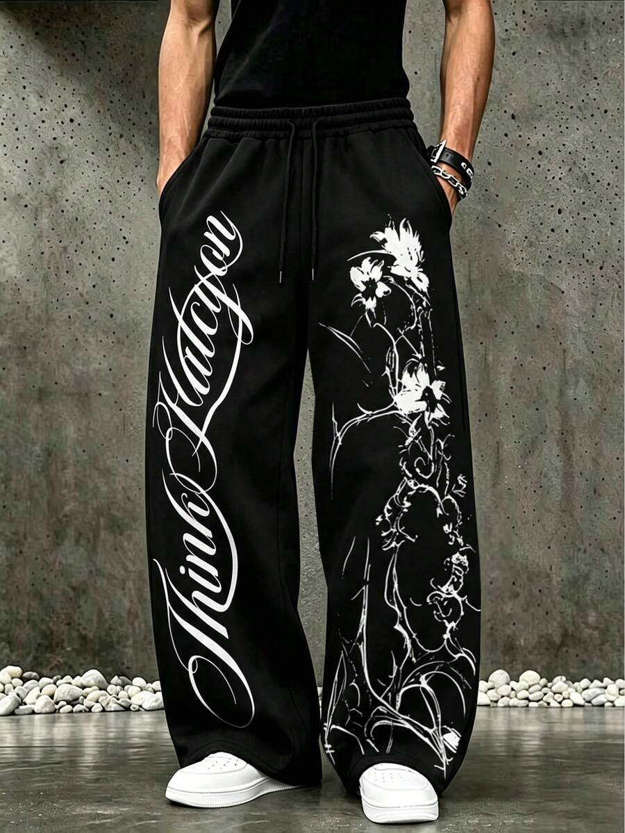 ROMWE MEN Men's Letter Print Pattern Drawstring Waist Loose Sweatpants - Black - View 1