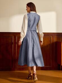 Vintamour Vintage Classic Elegant Preppy Women's 2 In 1 Set, Autumn/Winter, Flutter Collar, 2 In 1, Long Sleeve, Coffee Brown - Dusty Blue - View 3