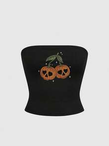 ROMWE Atasan Tube Top Bertali Motif Tengkorak Gothic Gelap untuk Wanita untuk Halloween - Hitam - View 1