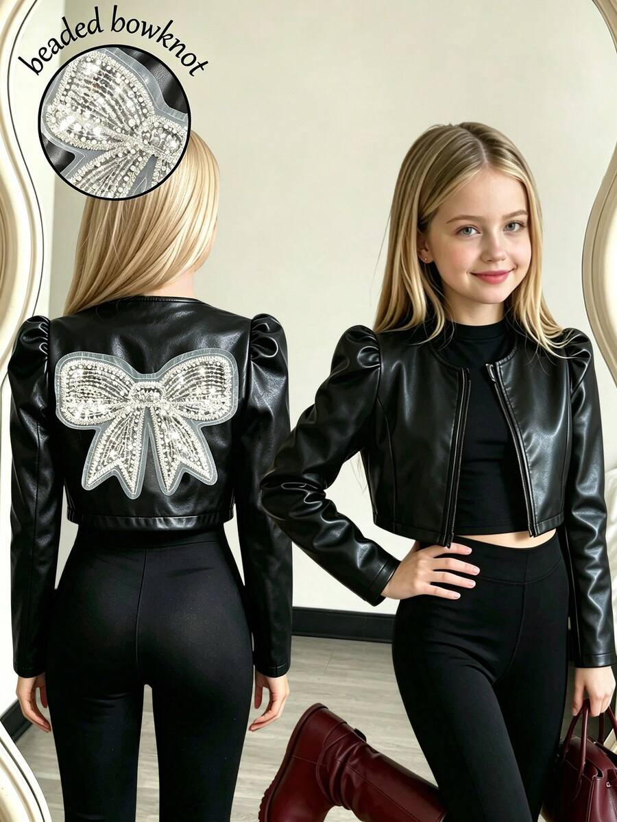 1pc Girls' Short Cool Zipper Shirt Long Sleeve Jacket, Perfect For Travel, Streetwear, Parties, Music Festivals, School And Any Occasion Autumn Fall - Black - View 1