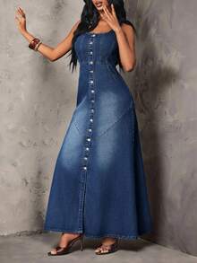 SHEIN Unity Women's Single-Breasted Split Design Casual Retro Vintage 70s 80s Daily Wear Denim Dress Everyday Going Out Fall - Blue - View 5