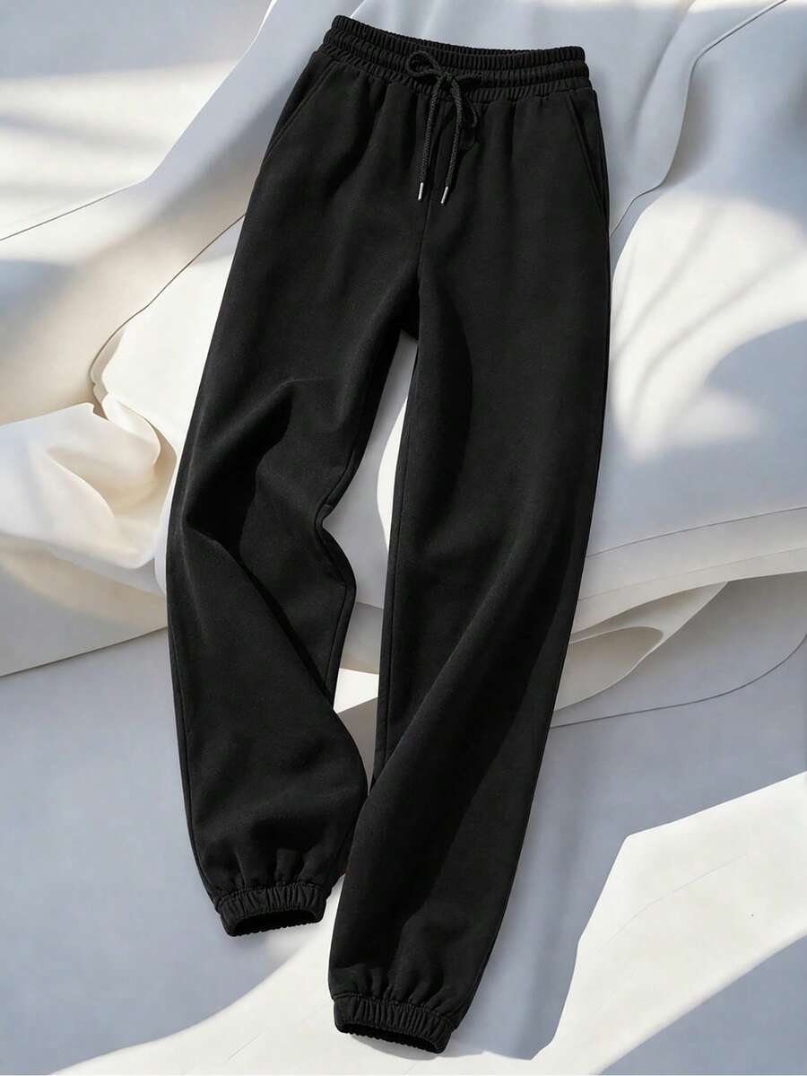 EURMUSE Drawstring Waist Slant Pocket Joggers - Black - View 1
