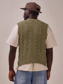 Musero Weave Knit Sleevelss Vest Cardigan Button Up Closure Spring Summer Essentials - Dark Green - View 4