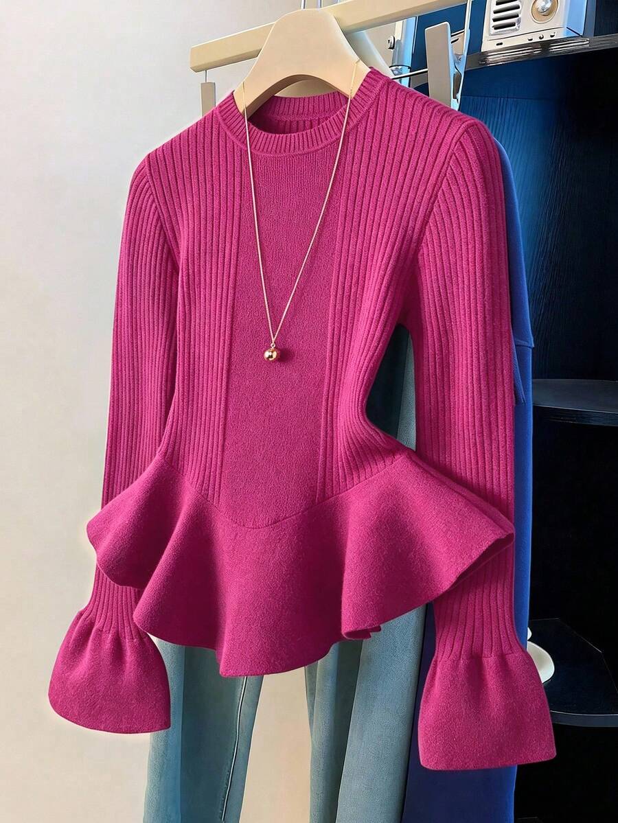 Franclia Women's Solid Color Round Neck Flared Sleeve Ruffle Hem Sweater - Hot Pink - View 1