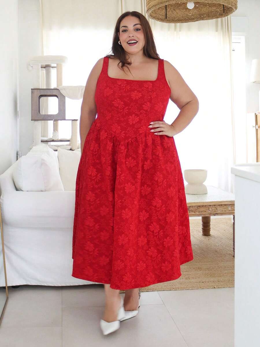Pretty and Ole Gaun Gaya Istana Jacquard Vintage Merah untuk Wanita Ukuran Besar