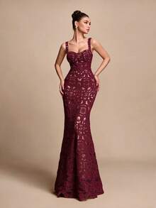 Glamine Women's Solid Color Hollow Design Fitted Elegant Sexy Spaghetti Strap Evening Dress Wedding Dinner Party Burgundy Summer - Burgundy - View 5
