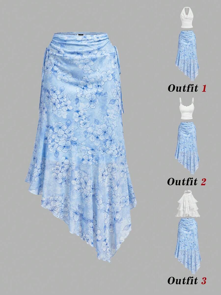 SHEIN MOD Women's Floral Print Asymmetrical Hem Casual Daily Skirt - Blue - View 1