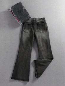 Manfinity Roghcode Men's Casual Denim Jeans With Pocket, Distressed Letter Pattern, Style - Black - View 2