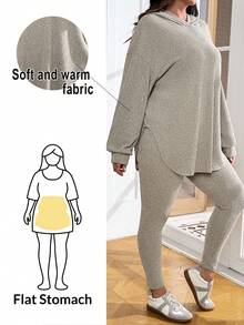 SHEIN Essnce 大尺碼女款秋冬時尚休閒寬鬆高彈舒適日常保暖磨毛布料連帽長袖T恤與內搭褲卡其色兩件套，秋季服飾，機場穿搭，褲裝套裝 - 杏色 - 查看 6