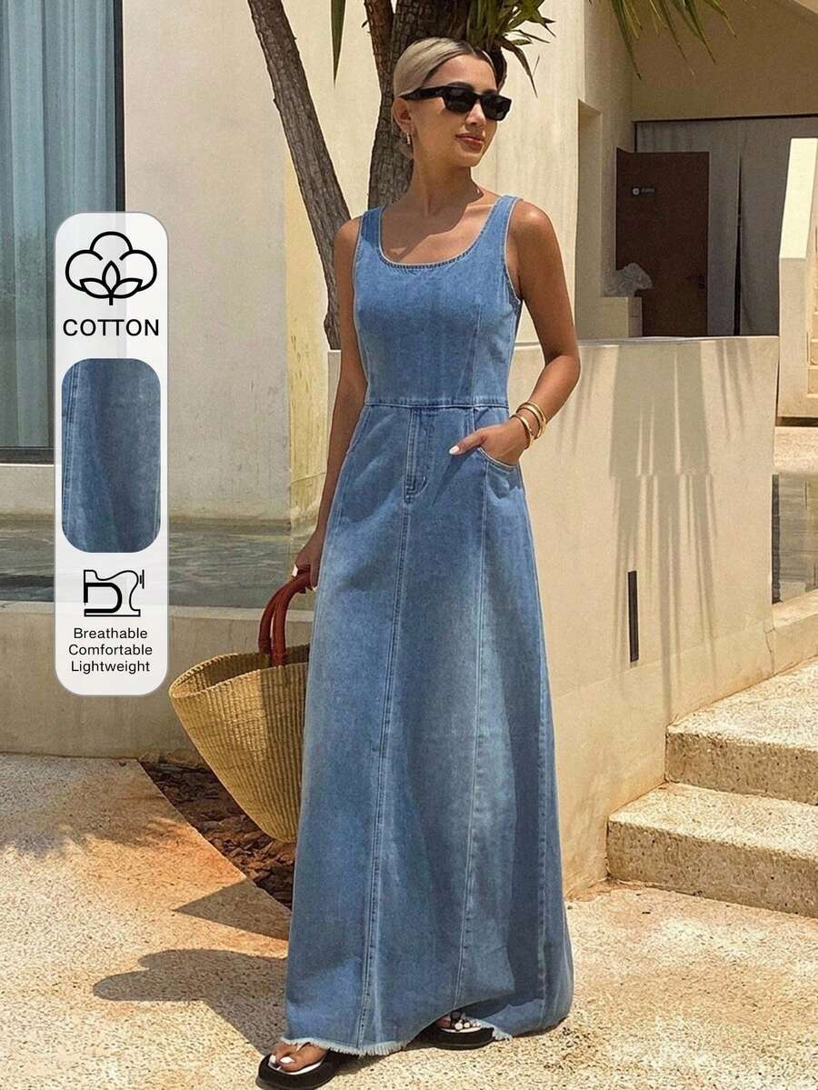 Livesso 女款淺藍色棉質牛仔連身裙,方領無袖修身腰線修身版型大裙擺,適合秋季休閒度假 - 藍色 - 查看 1