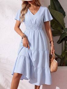 Celisse Summer Style Blue And White Stripe V-Neck Flutter Sleeve Cinched Waist Tiered Ruffle Hem Elastic Long Dress For Women Picnic Vacation French Boho - Blue - View 1
