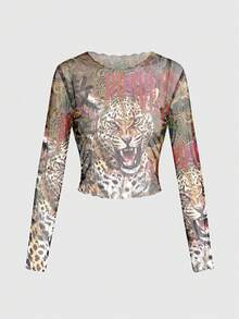 ROMWE Avant New Chinese Style Dark Punk Leopard Print Forest Plant Sexy Mesh Sheer Long Sleeve Women's Top - Black - View 1