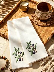 Cirelle 1/2/4件刺繡橄欖枝布餐巾，綠色植物刺繡布製餐巾，鄉村地中海風餐桌布，適用餐飲裝飾 - 彩色 - 查看 6