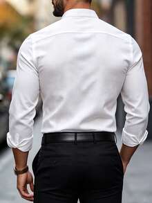 Manfinity Mode Men's Solid Color Faux Linen Stand Collar Hidden Placket Mature Casual Slim Fit Long Sleeve Shirt - White - View 2