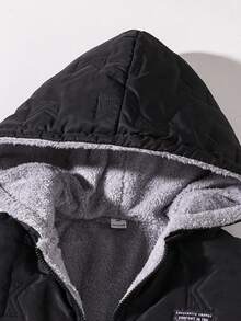 Teenager Boys Fleece Hooded Thickened Padded Zip-Up Padded Coat, Fashionable Minimalist Style For Daily, Outdoor And Commute Wear - Black - View 5