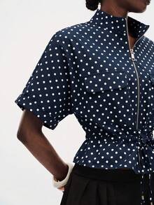 Aveloria Modichic Fashionable Short-Sleeve Cargo Top, Featuring Two Symmetrical Pockets On The Chest, Cinched Waist For Adjustable Fit, Overall Clean And Sharp Design. - Navy Blue - View 1