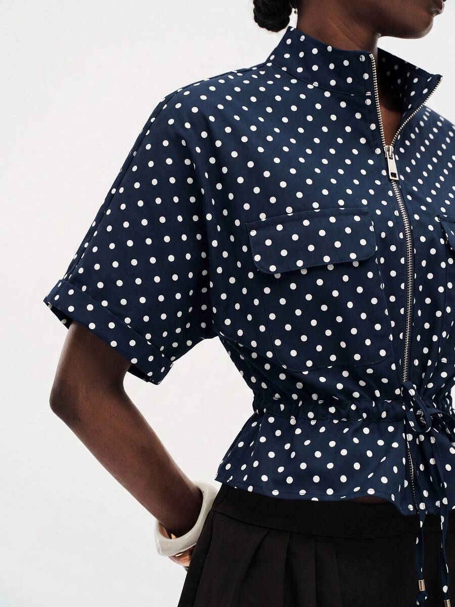 Aveloria Modichic Fashionable Short-Sleeve Cargo Top, Featuring Two Symmetrical Pockets On The Chest, Cinched Waist For Adjustable Fit, Overall Clean And Sharp Design. - Navy Blue - View 1